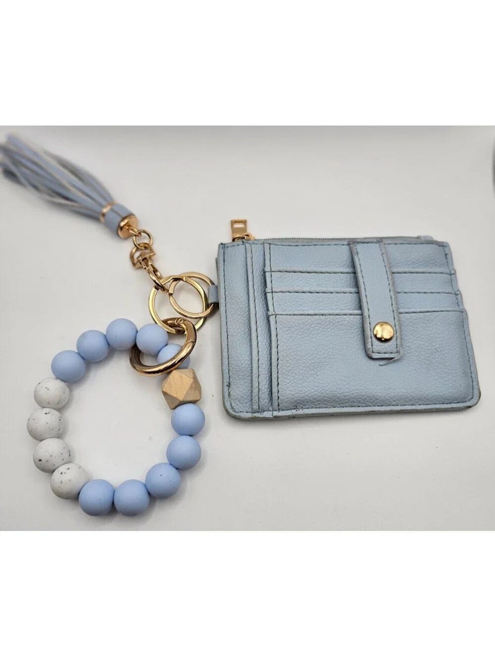 Blue Card Holder Wallet Keychain Tassel Beaded Wristlet ID Zip Pouch